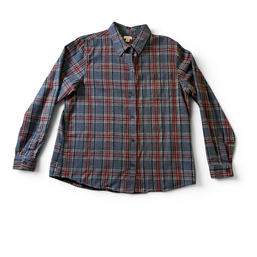 LL Bean Shirt Womens Size Medium Gray Red Flannel Button Down Scotch Plaid